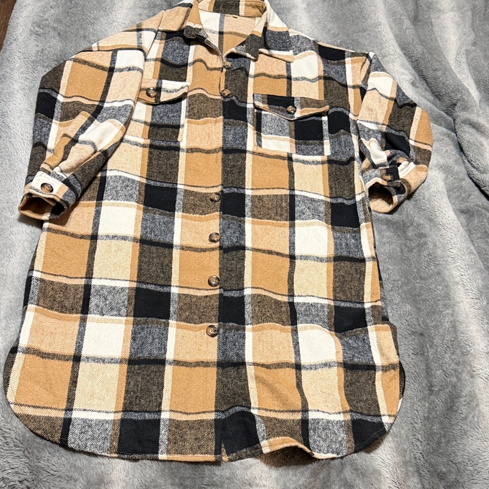 Plaid flannel Shacket Button-Up Shirt in Tan and Black